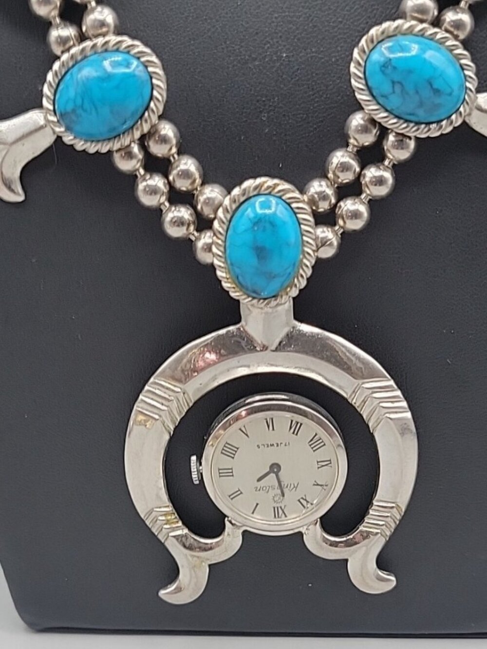 Kingston Wind Pendant Watch Squash Blossom Necklace Faux Turquoise 26" - Picture 9 of 16